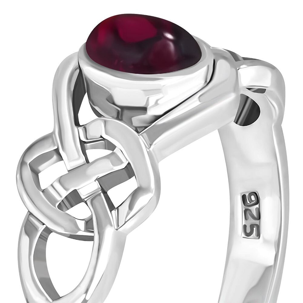 Celtic Stone Ring- Thick Interlocking Knot with Red Garnet