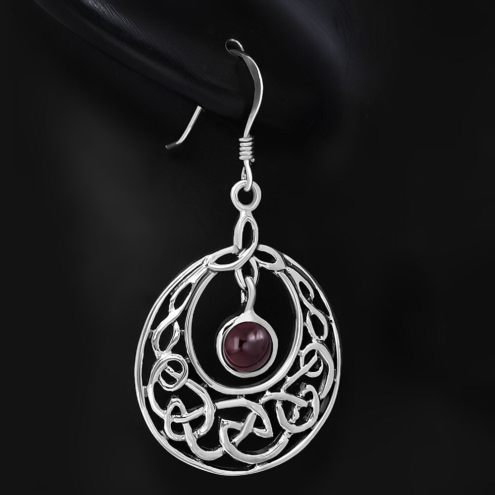 Celtic Knot Earrings - Half Moon Kells Knot with Red Garnet