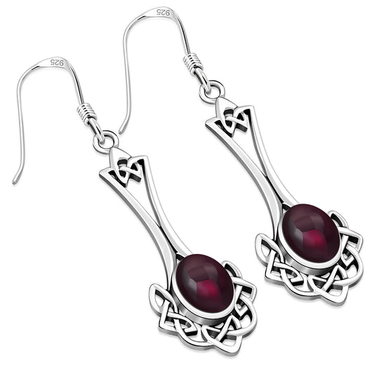Celtic Knot Earrings - Long Knotted Drop with Red Garnet
