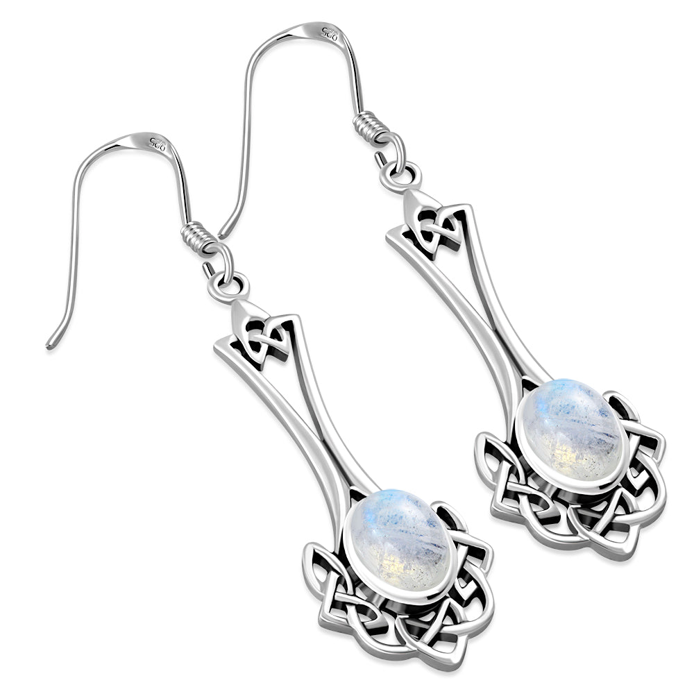 Celtic Knot Earrings - Long Knotted Drop with Moonstone