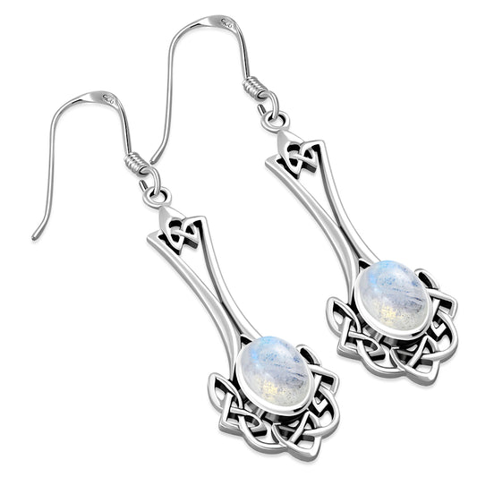Celtic Knot Earrings - Long Knotted Drop with Moonstone