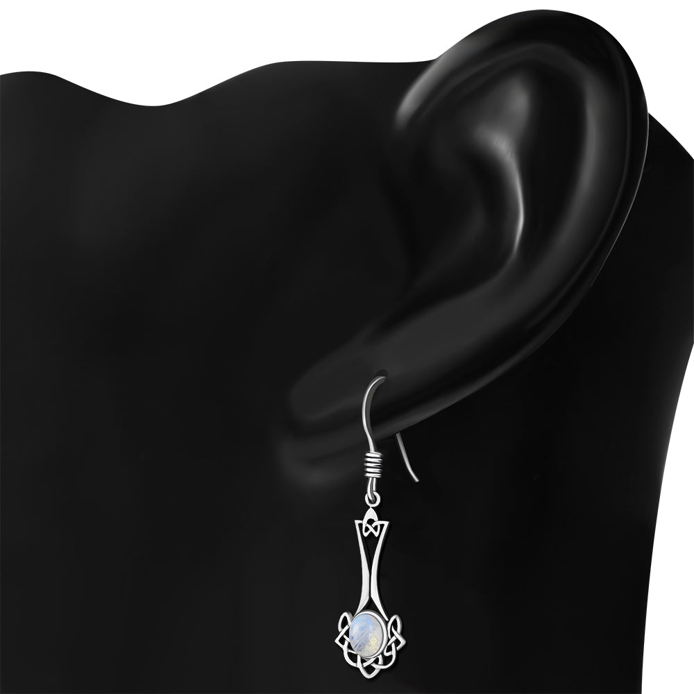 Celtic Knot Earrings - Long Knotted Drop with Moonstone