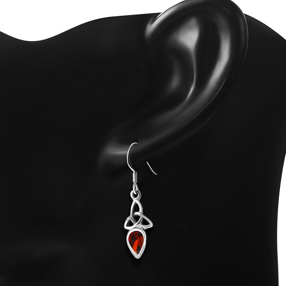 Triquetra Stone Earrings - Teardrop with Red Zircon
