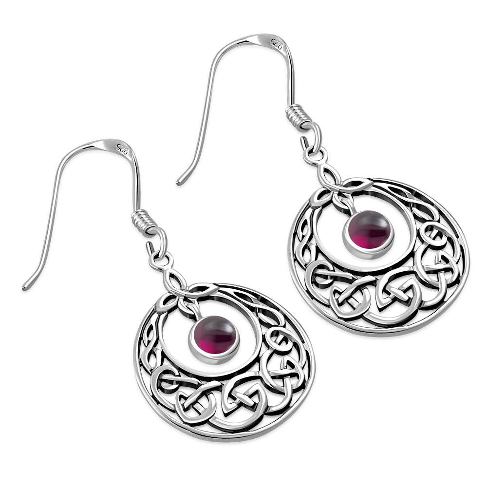 Celtic Knot Earrings - Half Moon Kells Knot with Red Garnet