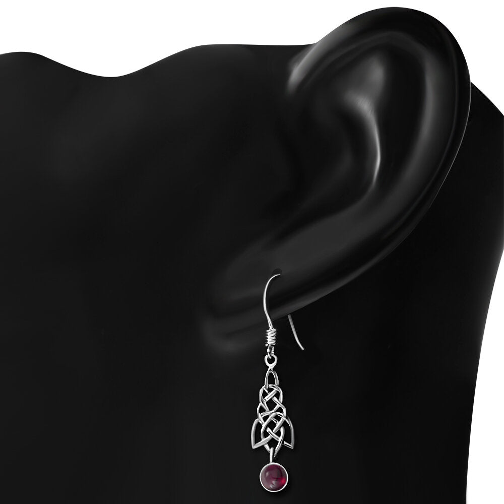 Celtic Knot Earrings - Celtic Cascade with Red Garnet Drop