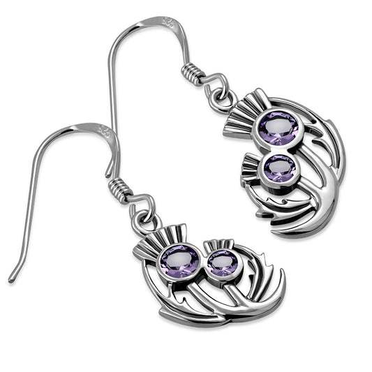 Scottish Thistle Earrings - Half Moon Leaves with Cut Amethyst
