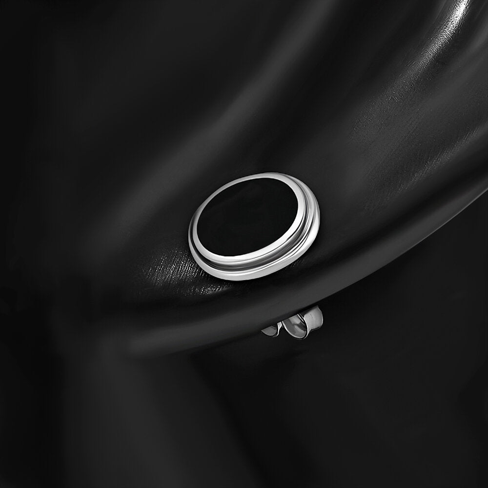 Contemporary Stone Earrings- Carved Oval Setting Studs with Black Onyx