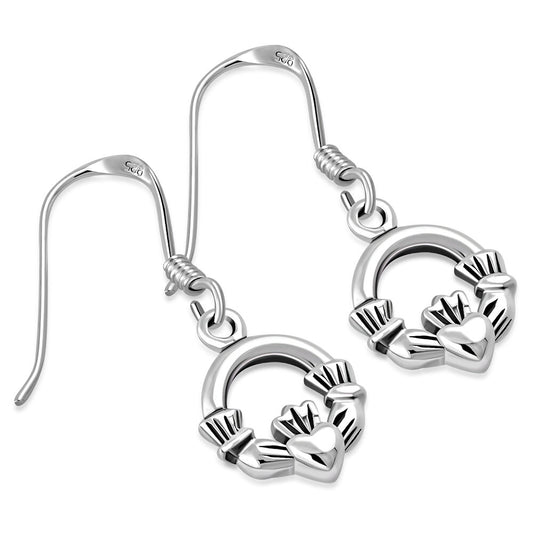 A pair of sterling silver Claddagh earrings with a plain wreath design.