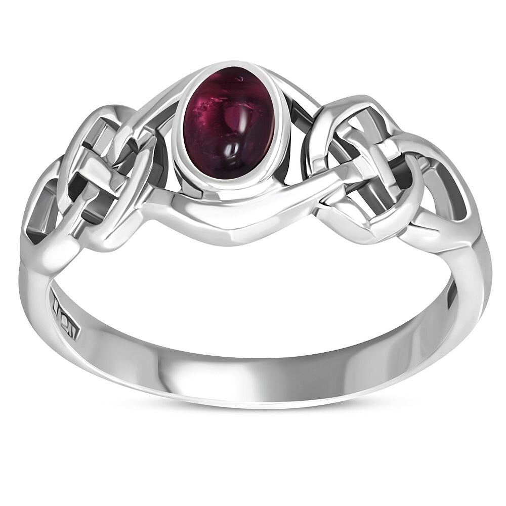 Celtic Stone Ring- Thick Interlocking Knot with Red Garnet