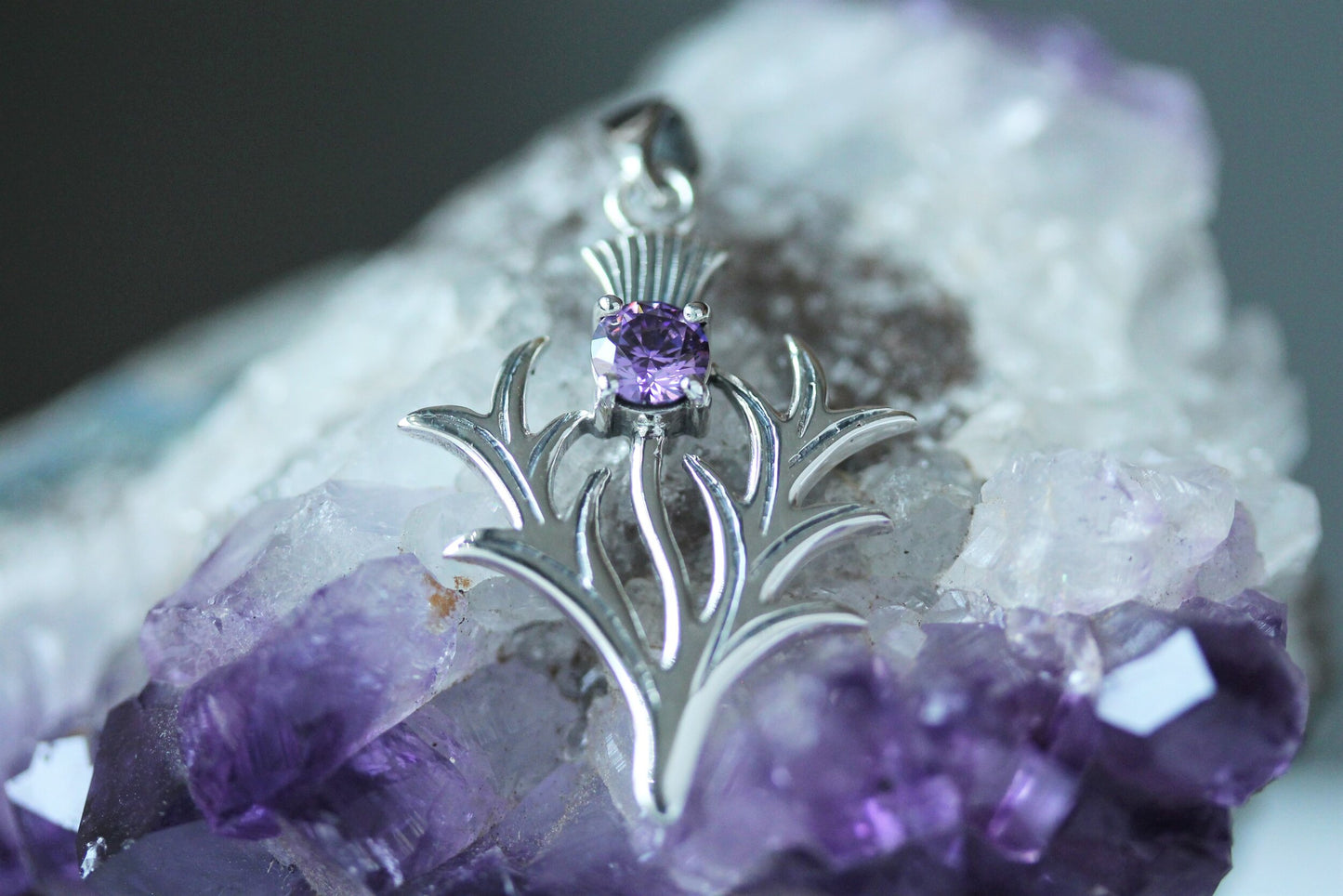 Scottish Thistle Pendant - Spiky Leaf with Cut Amethyst
