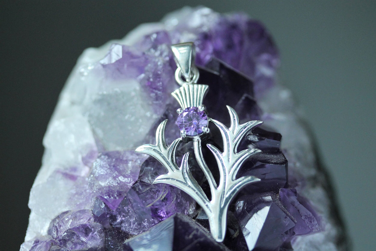 Scottish Thistle Pendant - Spiky Leaf with Cut Amethyst