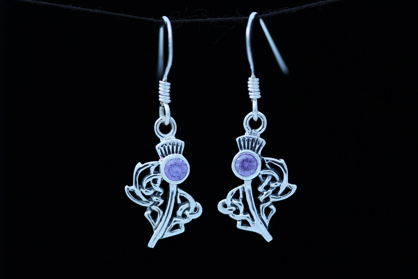 Scottish Thistle Earrings- Celtic Woven Leaf with Cut Amethyst