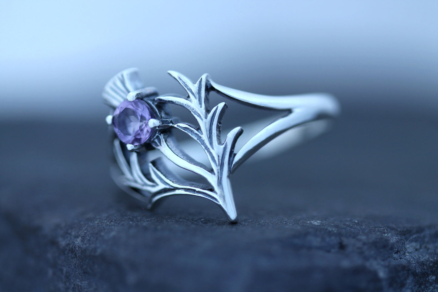 Scottish Thistle Ring - Spiky Leaf with Cut Amethyst (Large)
