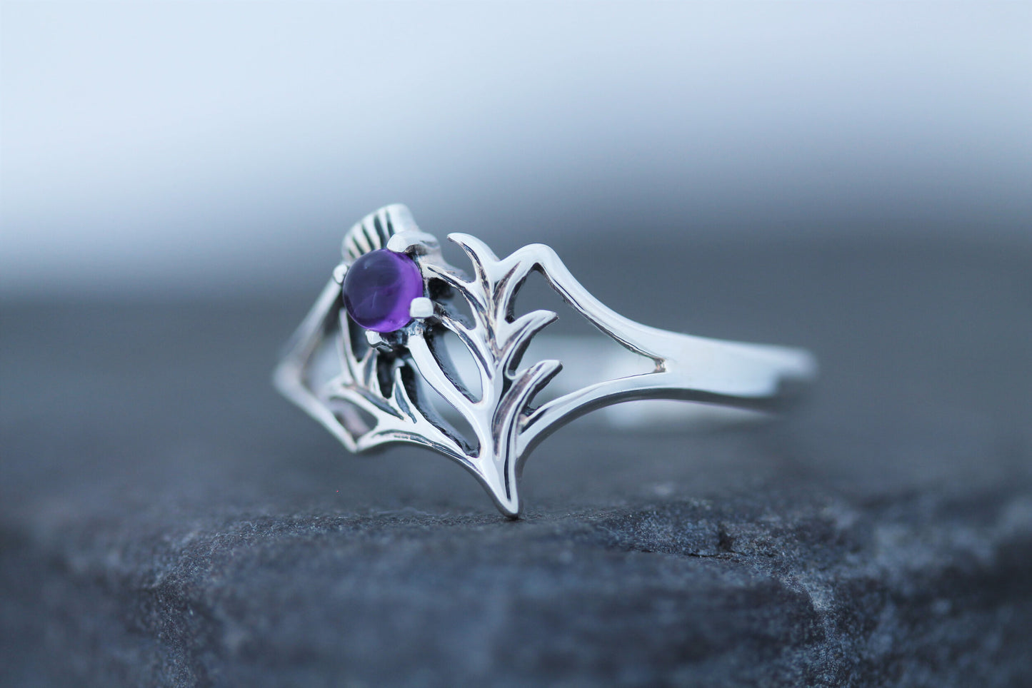 Scottish Thistle Ring Amethyst - Spiky Leaf (Small)