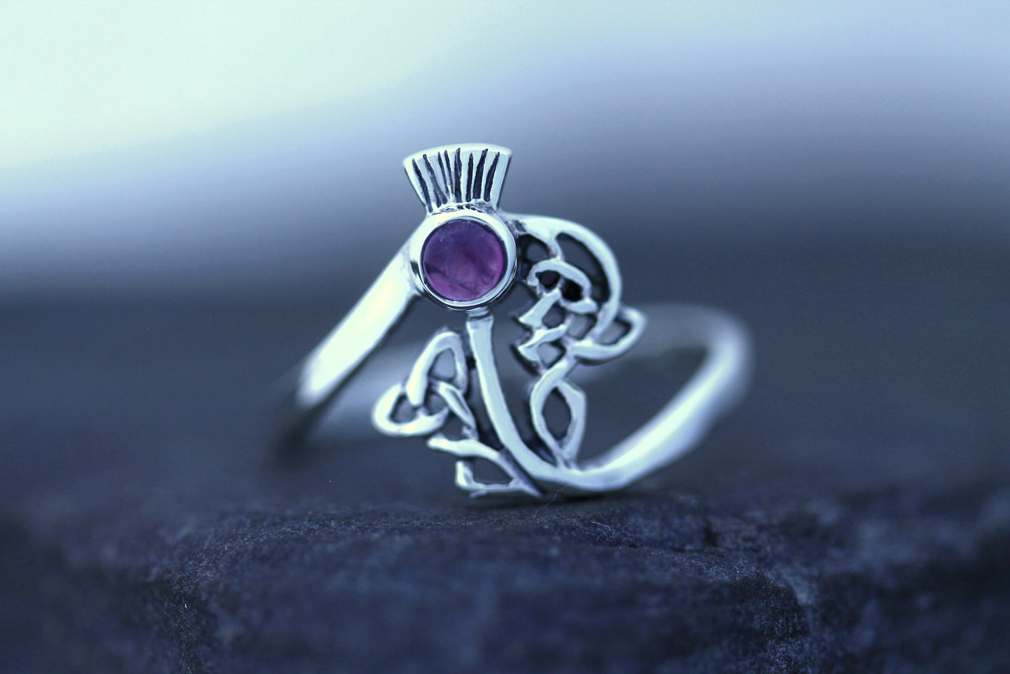 Scottish Thistle Ring - Celtic Woven Leaves with Amethyst
