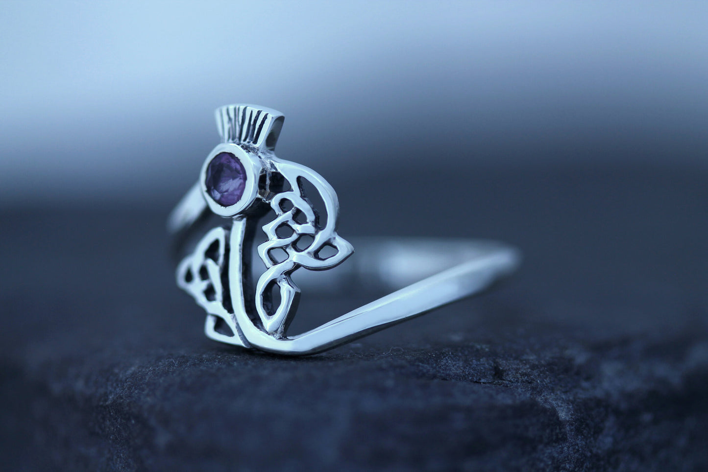 Scottish Thistle Ring - Celtic Woven Leaf with Cut Amethyst