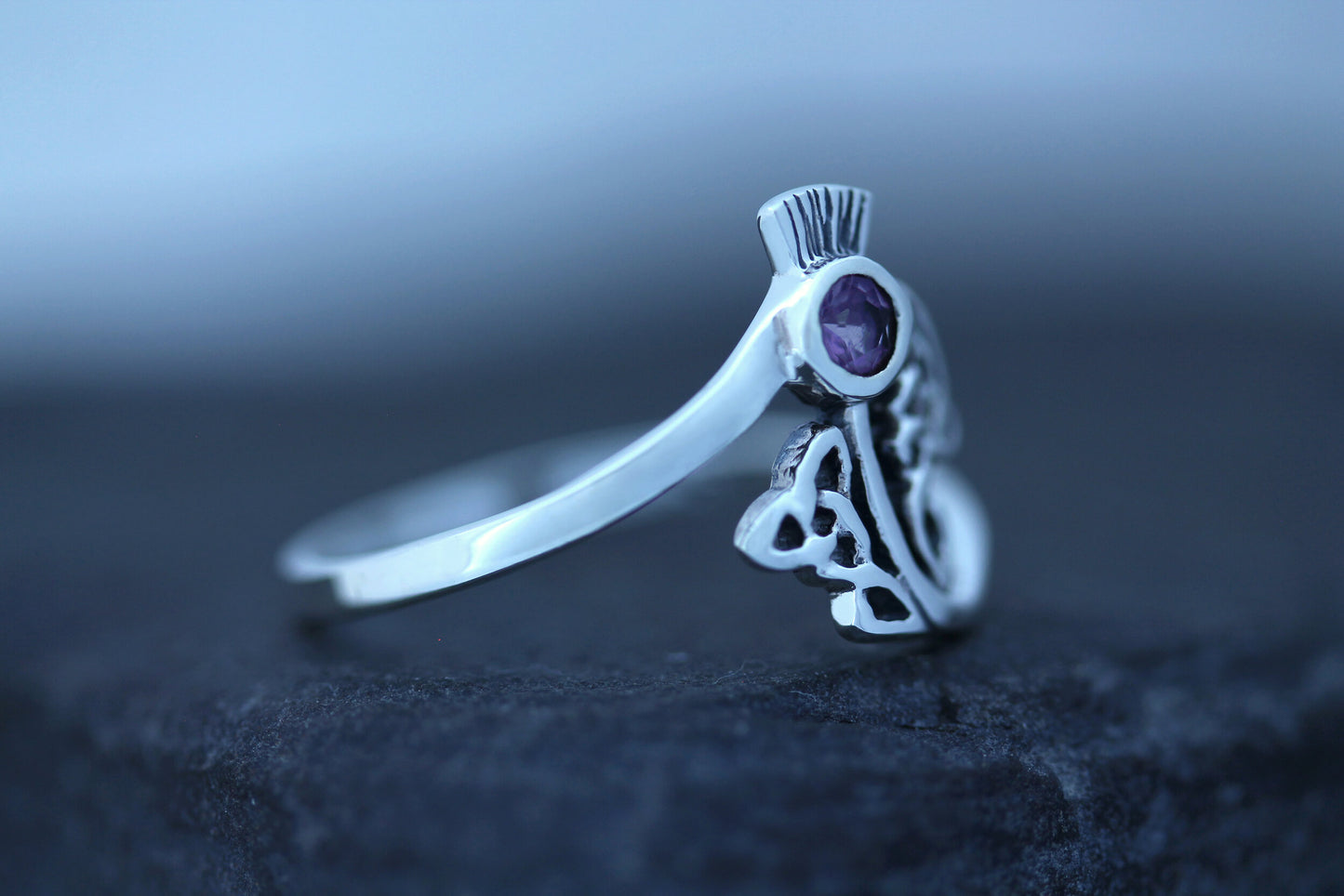 Scottish Thistle Ring - Celtic Woven Leaf with Cut Amethyst