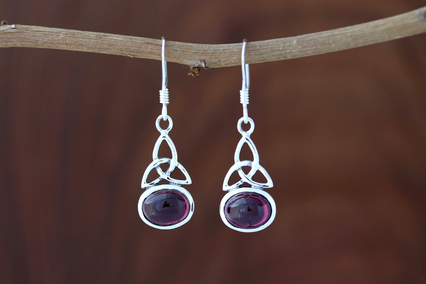 Triquetra Earrings - Simple Trinity Knot with Red Garnet