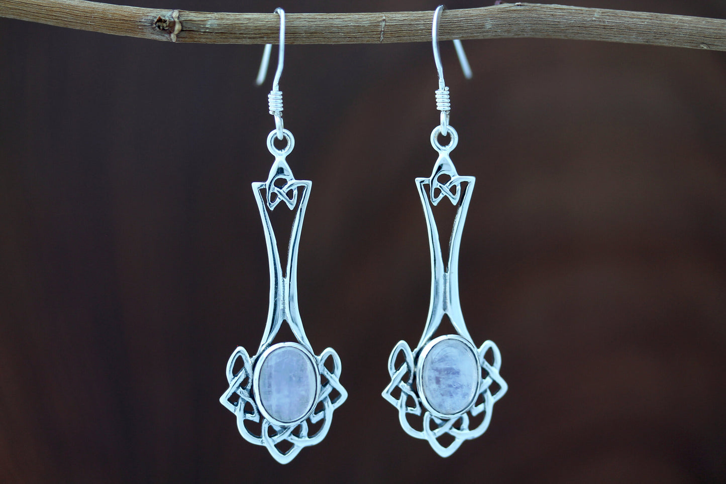 Celtic Knot Earrings - Long Knotted Drop with Moonstone
