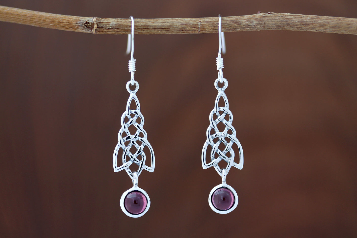Celtic Knot Earrings - Celtic Cascade with Red Garnet Drop