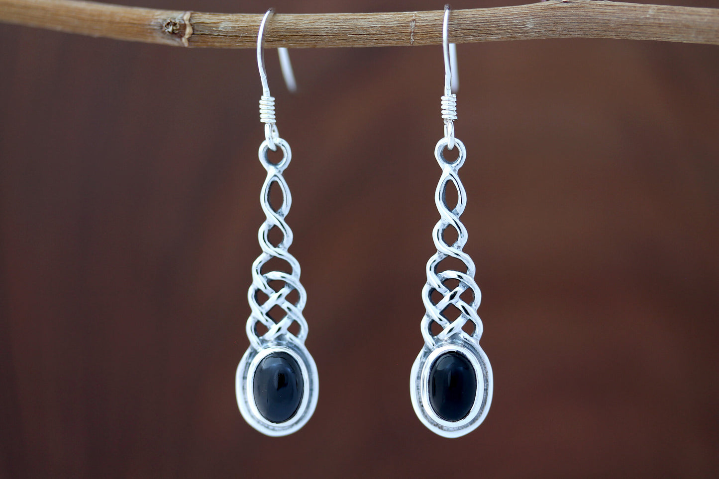 Celtic Knot Earrings - Elongated Twist with Black Onyx