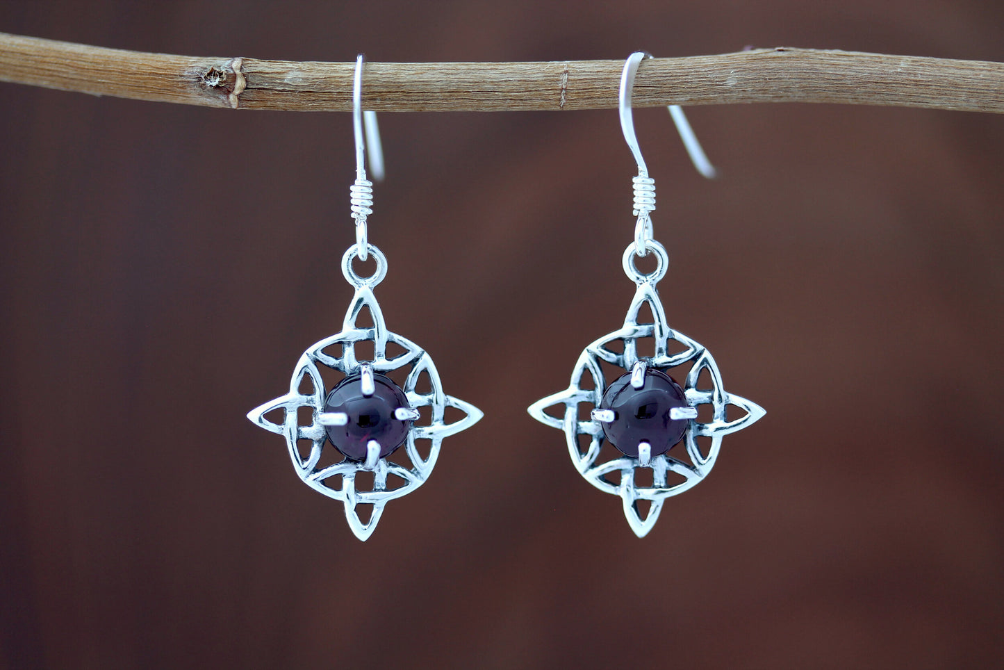 Celtic Knot Earrings - Dara Knot with Red Garnet