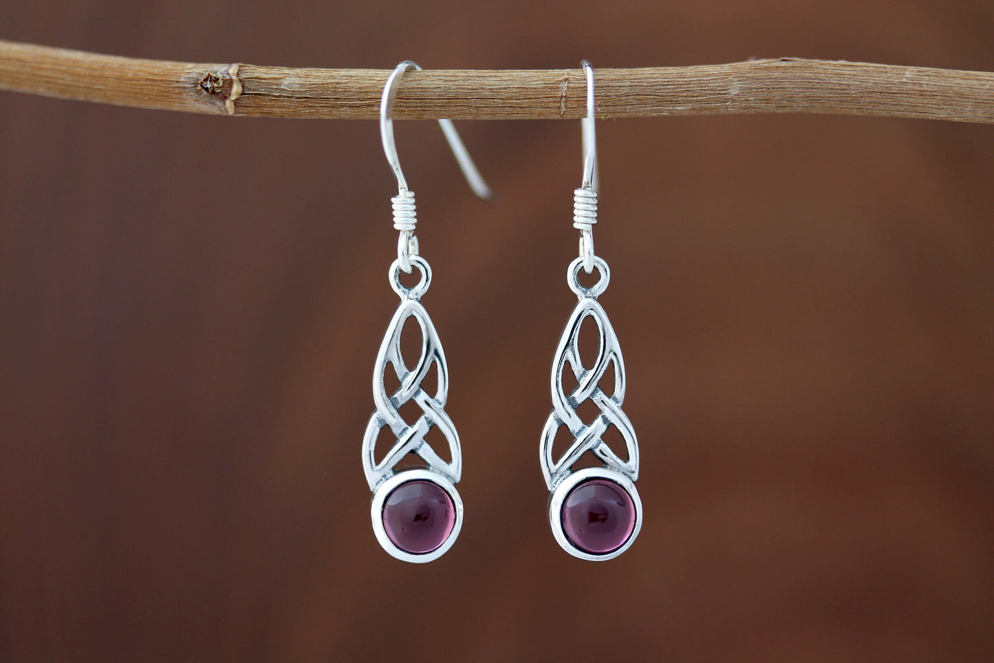 Celtic Knot Earrings - Mother Daughter Knot with Red Garnet