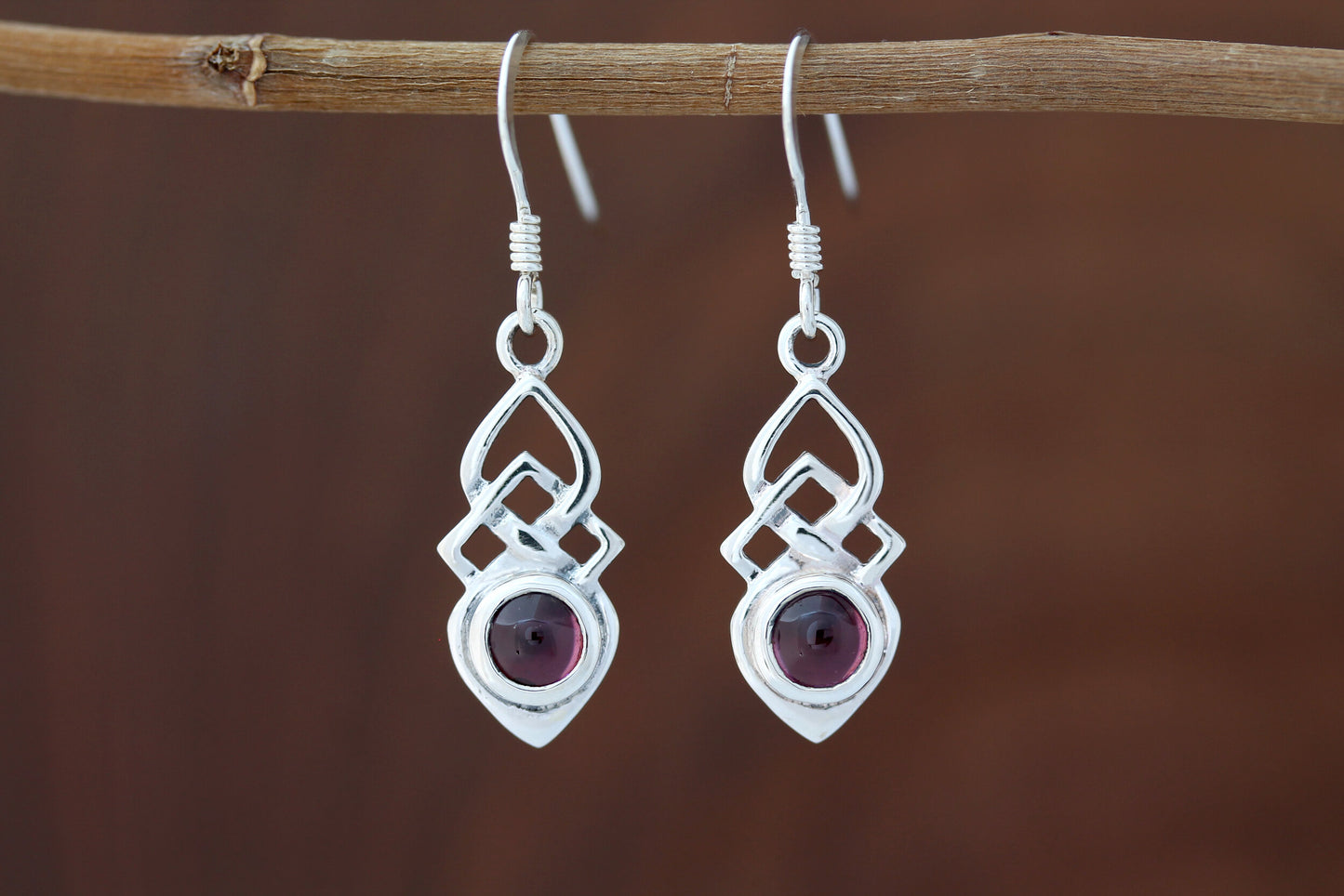 Celtic Knot Earrings - Shield with Red Garnet