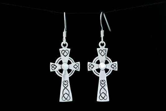 Celtic Cross Earrings - Etched Looped Hearts