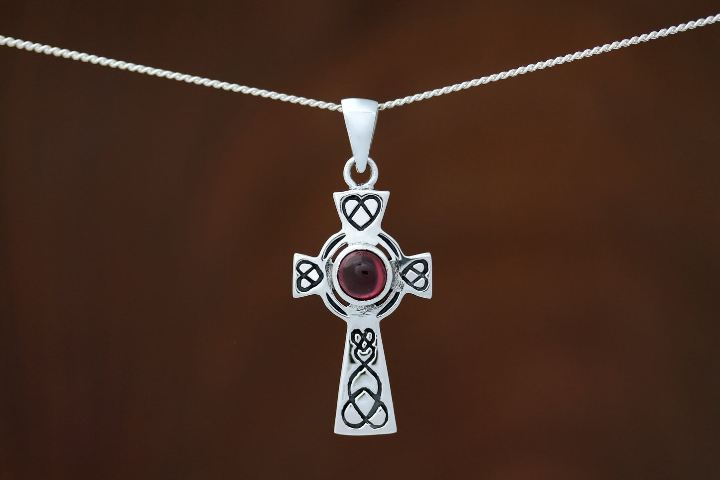 Celtic Cross Pendant - Looped Heart with Red Garnet