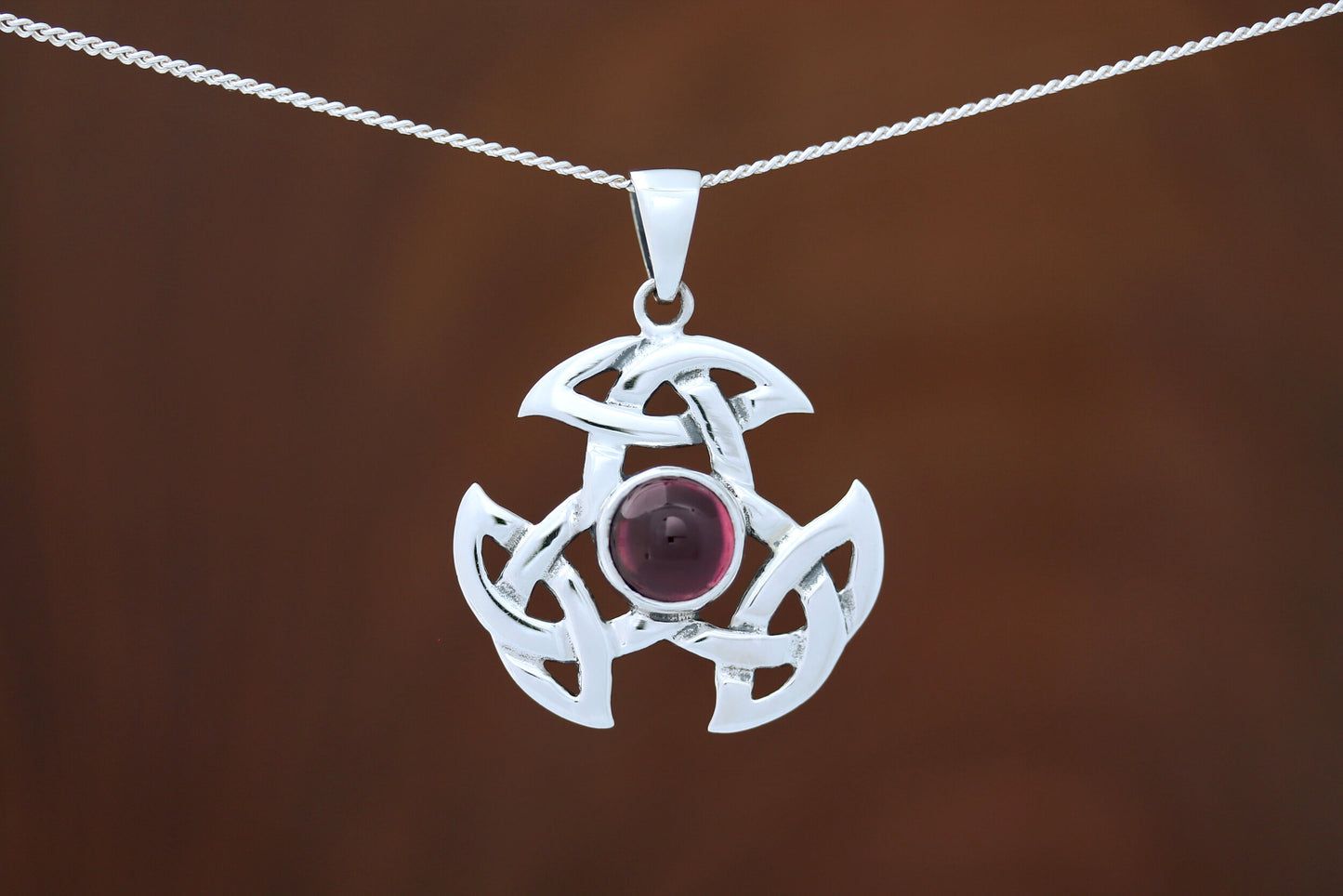 Celtic Stone Pendant - Triple Trinity with Round Red Garnet