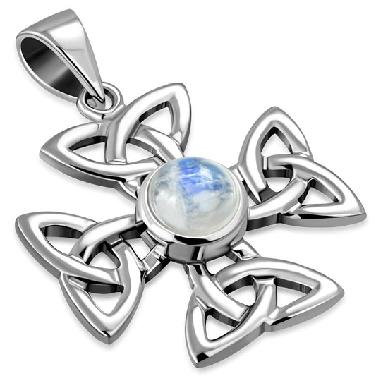 Celtic Cross Pendant - Celtic Wheel Cross with Moonstone (Medium)