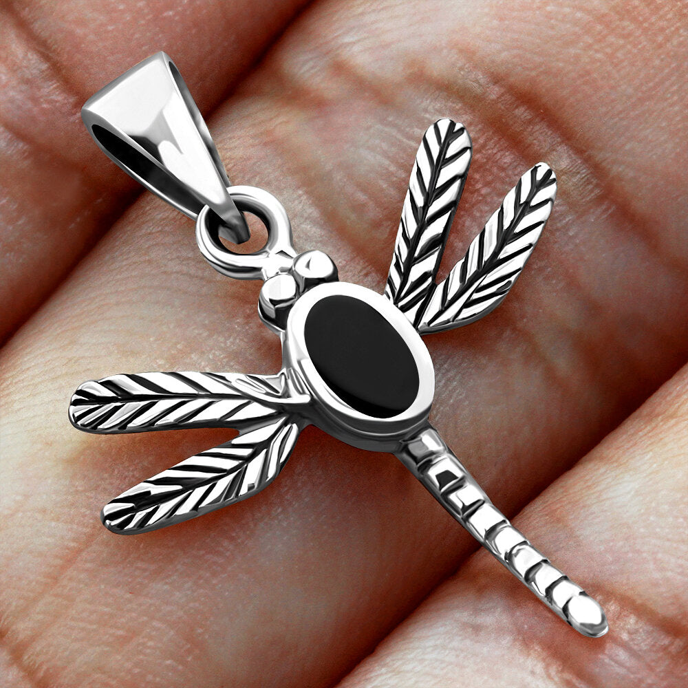 Contemporary Stone Pendant- Dainty Dragonfly with Black Onyx