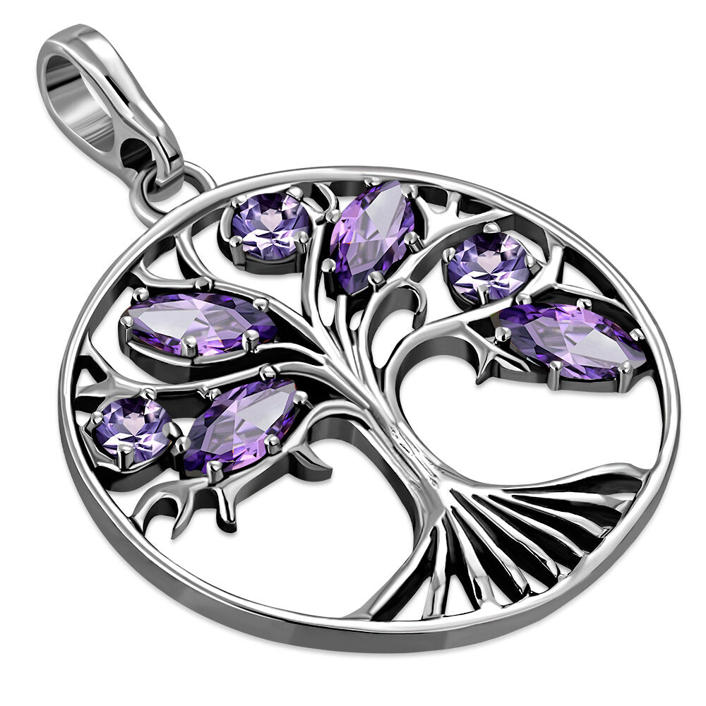 A silver pendant featuring the Tree of Life design with amethyst fruits.