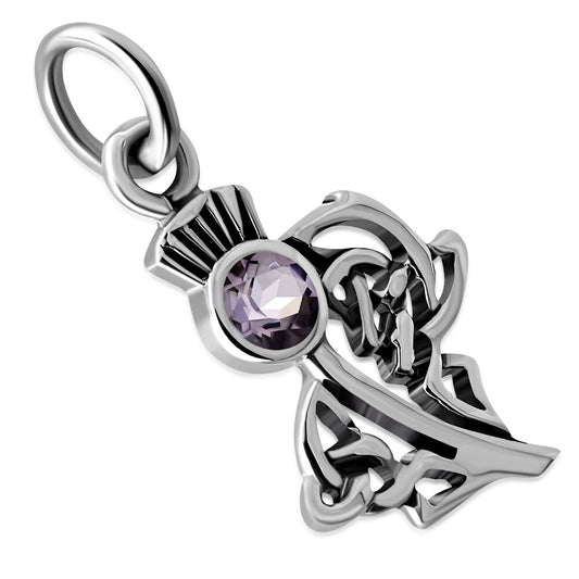 Scottish Thistle Pendant with Cut Amethyst - Celtic Woven Leaf
