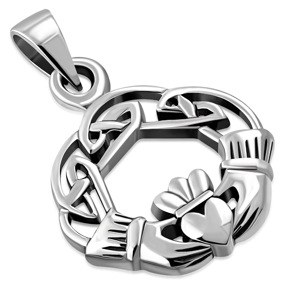 A silver Claddagh pendant with a Celtic knot design.