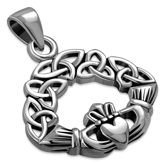 A sterling silver Claddagh pendant featuring a braided Trinity knot design.