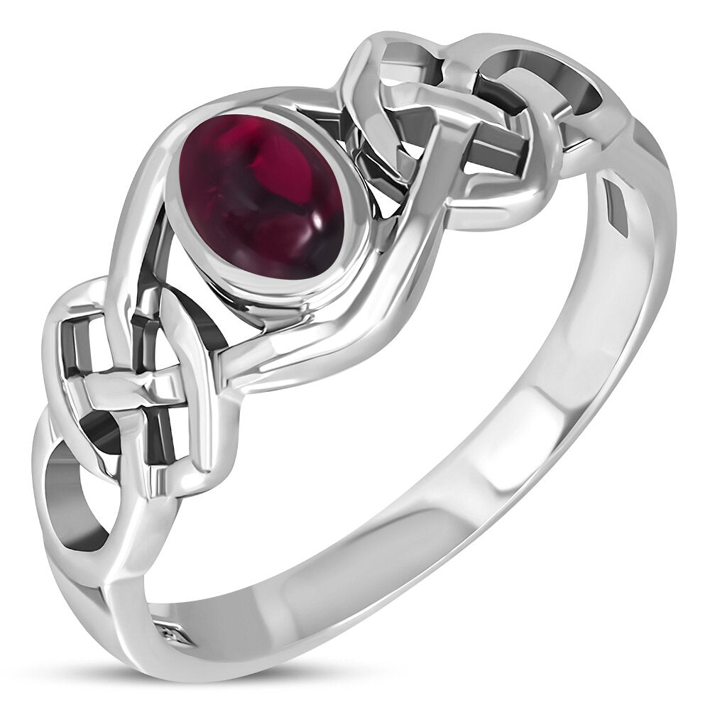 Celtic Stone Ring- Thick Interlocking Knot with Red Garnet