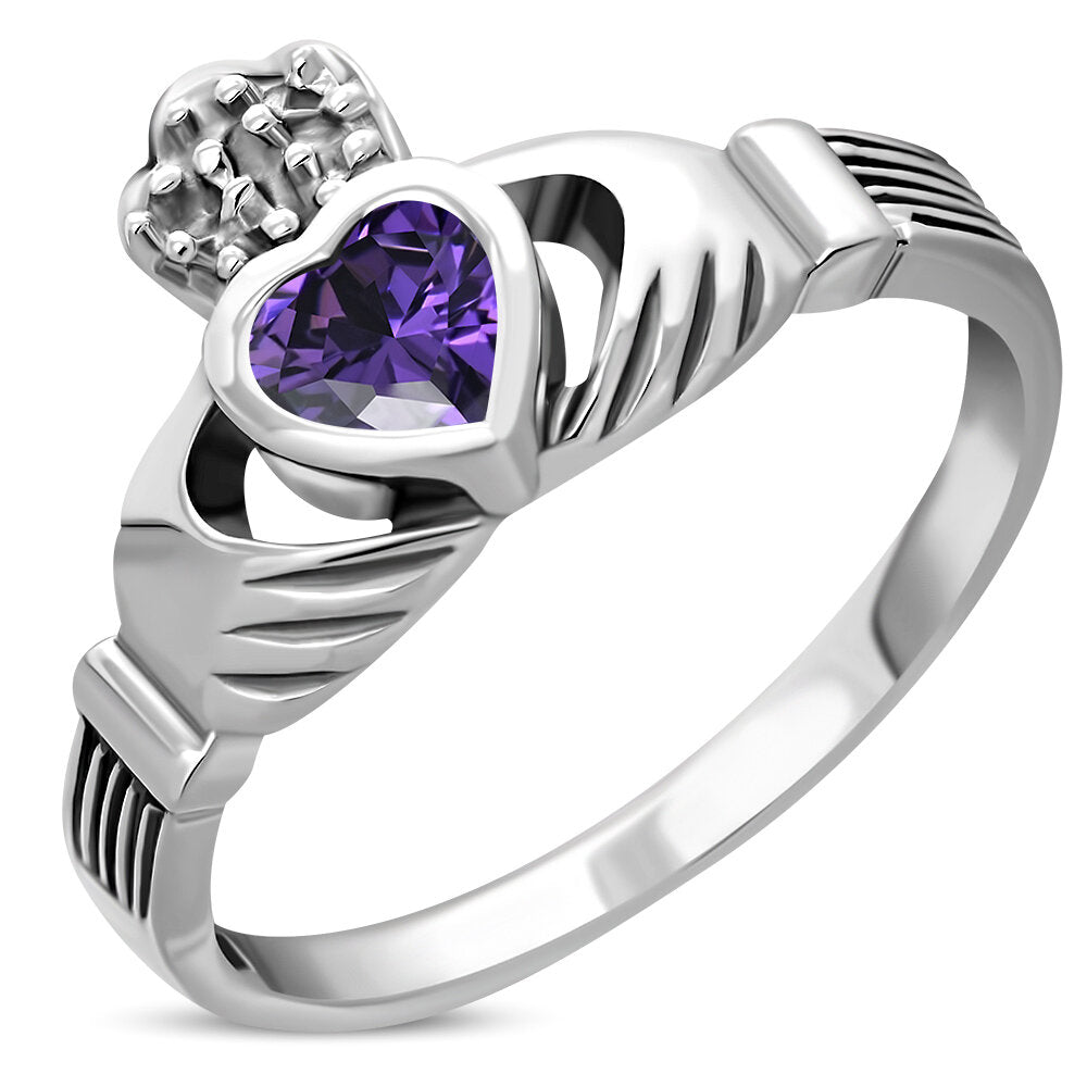 Claddagh Ring - Dotted Crown with Violet Zircon