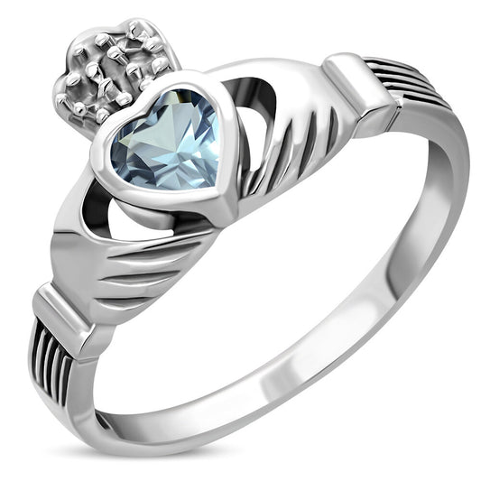 Claddagh RIng - Dotted Crown with Blue Zircon