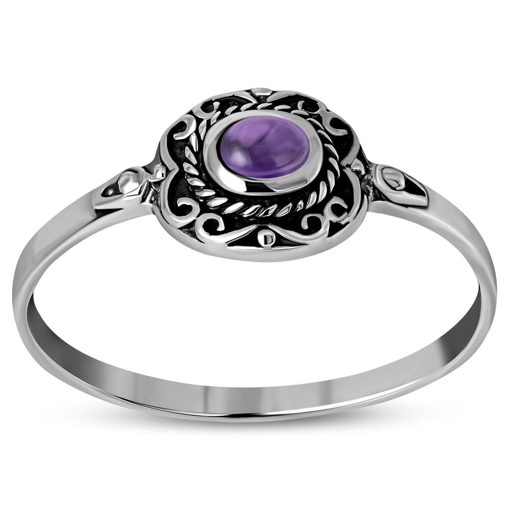 Contemporary Stone Ring- Vintage Swirl Frame with Amethyst