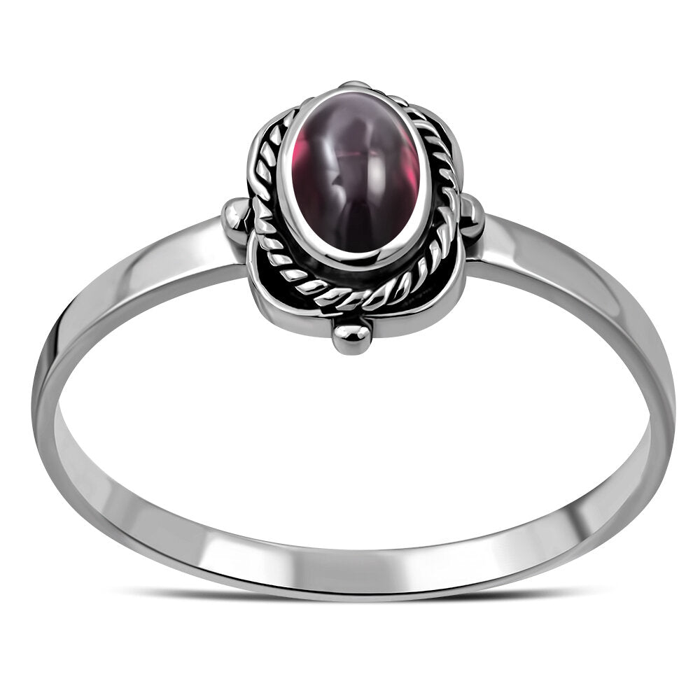 Contemporary Stone Ring- Four Point Vintage frame with Red Garnet