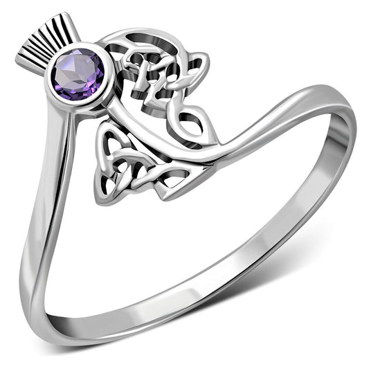 Scottish Thistle Ring - Celtic Woven Leaf with Cut Amethyst