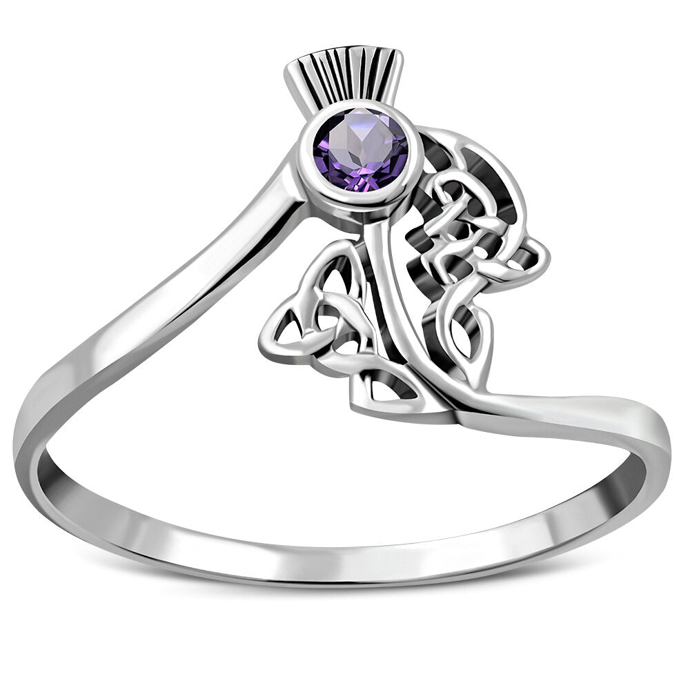 Scottish Thistle Ring - Celtic Woven Leaf with Cut Amethyst