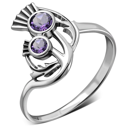 Scottish Thistle Ring - Double Flower with Cut Amethyst