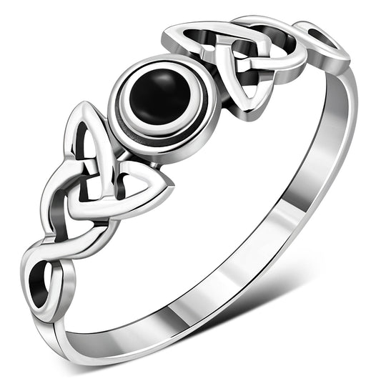 Celtic Stone Ring- Triquetra Wrap with Black Onyx