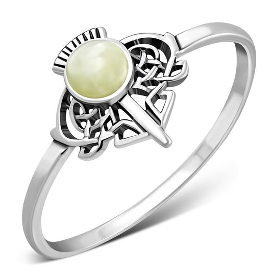 Scottish Thistle Ring-Small Jewelled Crown with Celtic Knot Leaves with Scottish Marble