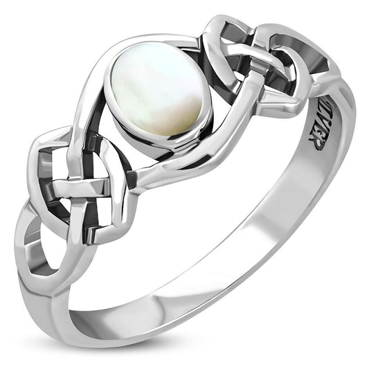 Celtic Stone Ring- Thick Interlocking Knot with Mother of Pearl
