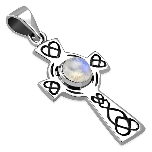 Celtic Cross Pendant - Looped Heart with Moonstone