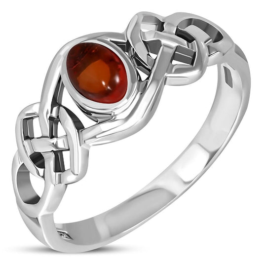 Celtic Stone Ring- Thick Interlocking Knot with Amber